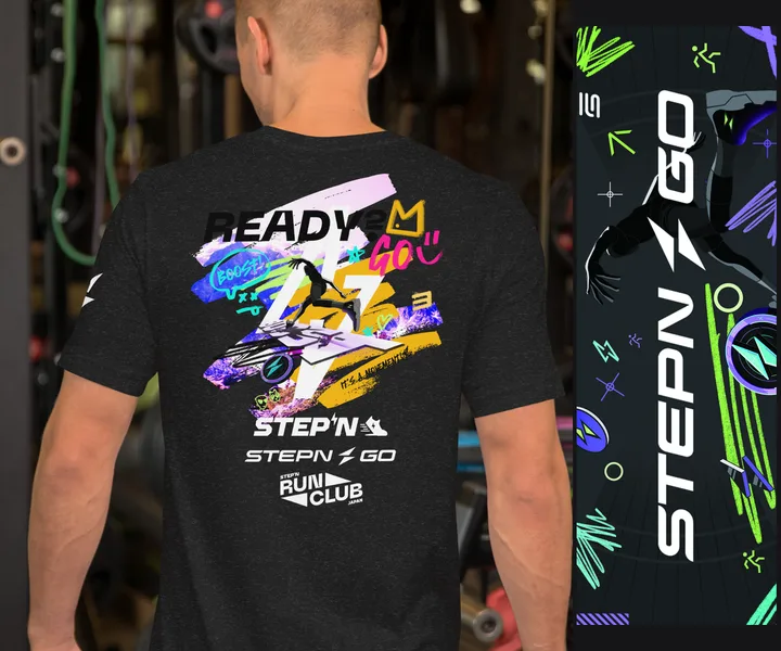 STEPN JAPANのイベント用Tシャツ（背面プリント）と、のぼりのデザイン